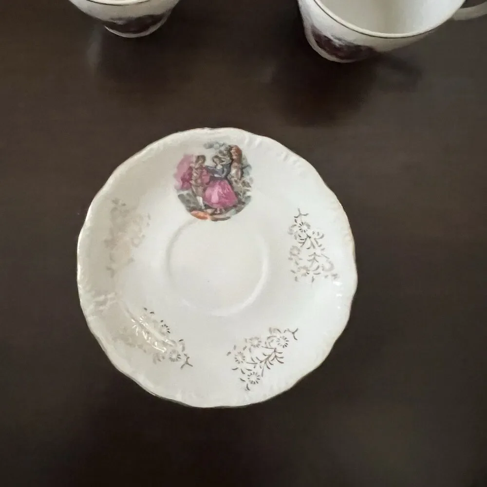 Vintage Courting Couple Demitasse 2 Cups 1 Saucer Set Japan Gold Accent
